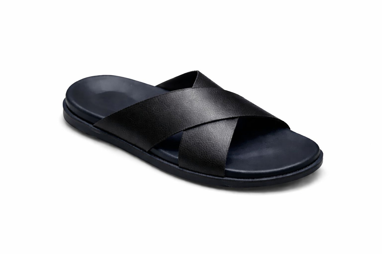 Black sandal with criss-cross straps on a white background